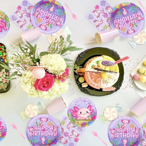 Image of Grencian 96 Pcs Axolotl Birthday Party Decorations, Serves 24 | Pink Cartoon Axolotl Plates and Napkins Reptile Animals Axolotl Tableware Set for Girls Birthday Baby Shower Party Supplies