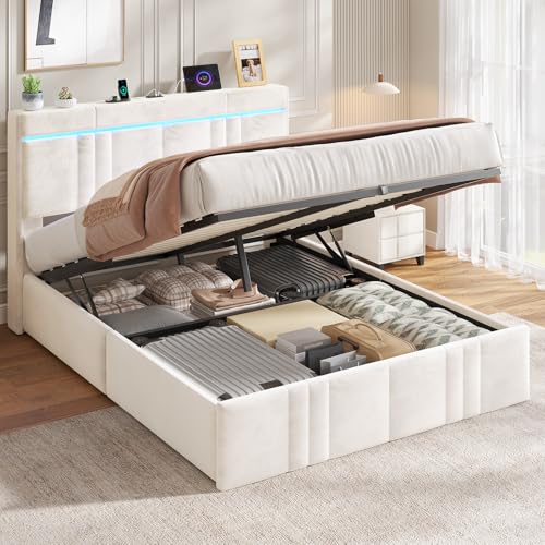 AOGLLATI Lit Coffre avec sommier lit 2 Personnes avec Éclairage LED & Ports USB,Tête de Lit Capitonné avec Multiprise Lit Double avec Rangement...