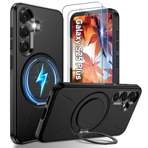 Gritup for Samsung S25 Plus Case [Compatible with MagSafe Accessories]:2 Pcs HD Screen Protectors Built-in Kickstand Dual Layer Shockproof Camera Guard Velvet touch S25+ Black