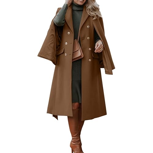 Women's Winter Pea Coats 2023 Notch Double Breasted Laper Cape Long Wool Blend Coat Outwear Blazer Jackets