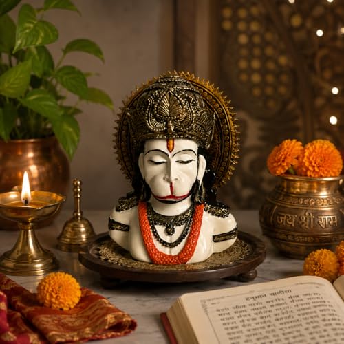 Image of eCraftIndia White Lord Hanuman Ji Idol for Home Decor | Hanuman Bust Statue with Intricate Detailing | Spiritual Decorative Showpiece for Temple, Living Room & Gifting