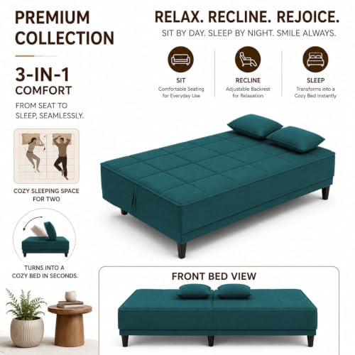 Image of Adorn India Alyssum 3 Seater Sofa Cum Bed 4X6 Velvet 2 Cushions (Color Aqua Blue) and Suitable for All Indoor, with 3 Years Warranty