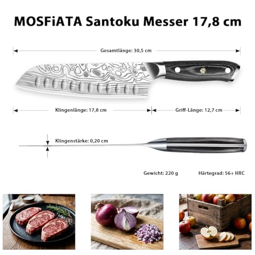 MOSFiATA Santoku Messer 18cm Küchenmesser Scharf Kochmesser aus hochwertigem EN 1.4116 Edelstahl...