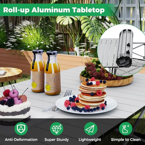 GIANTEX Mesa de Camping Plegable, Mesa Portátil para Picnic con Tapa de Aluminio Enrollable y Canasta de Malla, Mesa Ligera para Exterior con Bolsa de Transporte en Plateado 47"x22"x27" miniatura 6