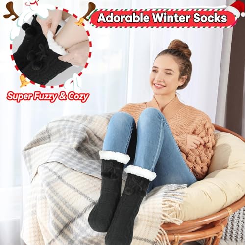 Image of Lonfliness 2 pairs Women Slipper Fuzzy Grips Socks Fluffy Cozy Cabin Warm Winter Soft Thick Comfy Fleece Non Slip Home Socks for Women and Girls Christmas Gifts (Black)