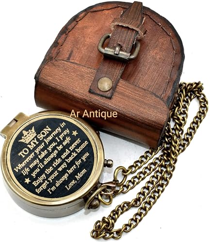 Brújula de Bolsillo Vintage de Latón para Regalo a Hijo de Mamá | Grabada 'To My Son, Love Mom' con Estuche de Cuero | Regalo Significativo para Cumpleaños, Graduación y Boda miniatura 4