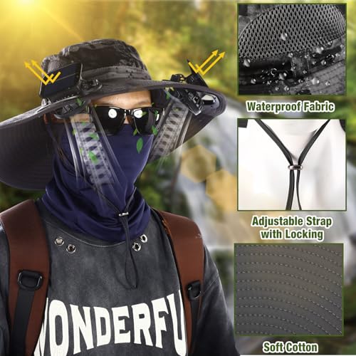 Image of Syhood 3 Set Solar Fan Hats with Arm Sleeves & Neck Gaiter, Wide Brim Sun Hat with Fans for Men Women Cooling Sun Protection Set for Outdoor Fishing Hiking Camping