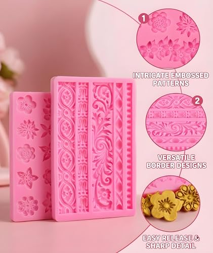 Image of Clay Moulds for Art and Craft, Silicone Mould for Clays Art and Baking Projects, Decorative Patterns for Cake Borders and Polymer Clay, 19 x 12 cm (Pink)