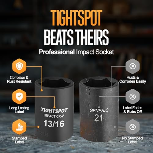 Image of TIGHTSPOT 1 /2 Inch Drive 13 /16 Inch Shallow Impact Socket with Anti-Rounding 6 Point Design, Heat-Treated CRV Steel