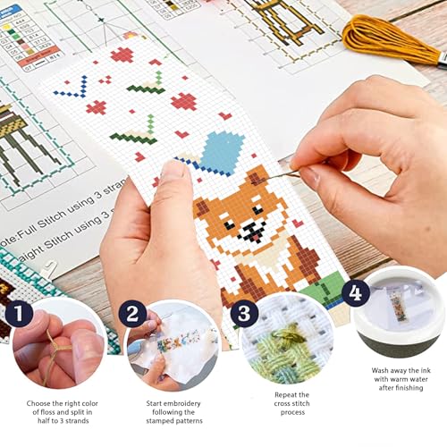 Image of FREEBLOSS 6 Set 11CT Cross Stitch Bookmarks Kit Puppy&Books Stamped Cross Stitch Kit DIY Embroidery Bookmark Set with Instruction for Adults Beginners Gift for Reading Enthusiasts 20x6cm /8x2.4inch