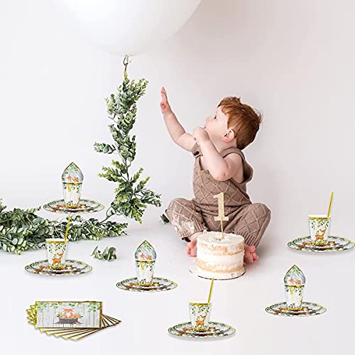 121Pc Woodland Creatures Theme Baby Shower Decorations, Birthday Party Supplies For Boy & Girl -Tablecloth, Paper Plates Napkins Straws & Cups Of Forest Animal Friends Fox Deer Tableware Set Serves 24 #TOP6