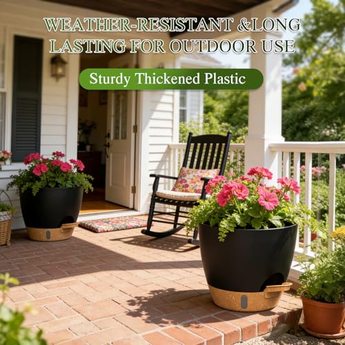 Self Watering Pots with Drainage Holes, 3 Pack 12/10/8 Inch Plant Pots with Water Level Indicator Deep Reservoir, Large Plastic Planter for Indoor Outdoor Plants - Black Brown - Image 6