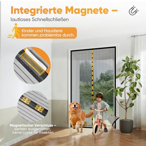 Sekey Fliegengitter Balkontür Magnet, Insektenschutz Tür 90x200 cm, Ohne Bohren, Stärkere Magneten als beim Klassik, Lichtdurchlässig, Reißfest, Wetterfest, Langlebig, 4cm Klettband Oben, Schwarz