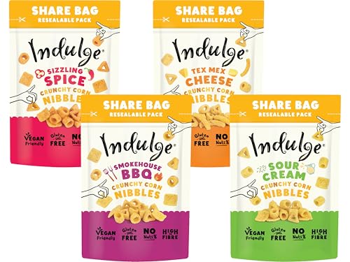 Indulge Crunchy Corn Nibbles Variety Share Box (4 Flavours) Gluten Free Vegan Nut Free Allergen Friendly High Fibre Corn Snacks 100g (Pack of 4)