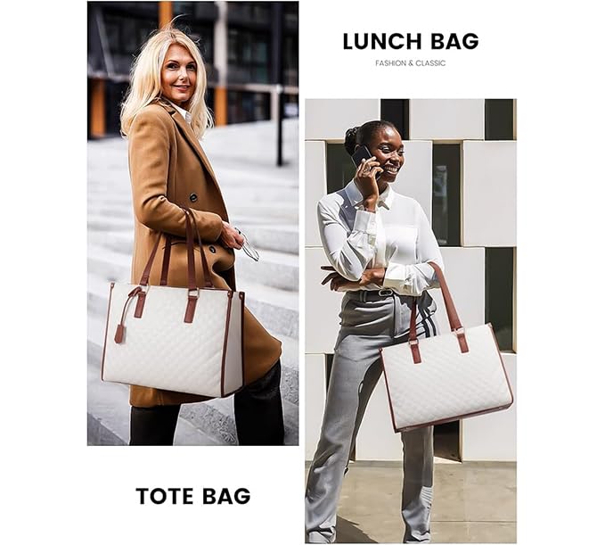Image of Lunch Tote Bag for Women,15.6 Inch Laptop Bag with Insulated Lunch Compartment, Quilted Large Capacity Computer Handbag with Purse for Business, Work, Nurse,Collage,Office