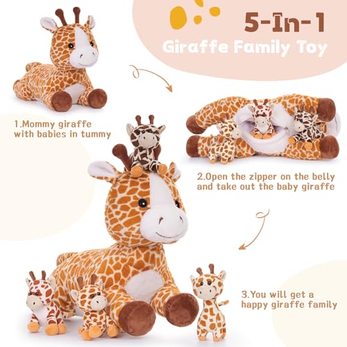 MorisMos 55cm lang riesen Giraffe Kuscheltier groß, Giraffe Stofftier XXL mit 4 Plüschbaby im Bauch, liegend Plüsch Hirsch Rehteddy,Geschenk Kinder Mädchen Jungen