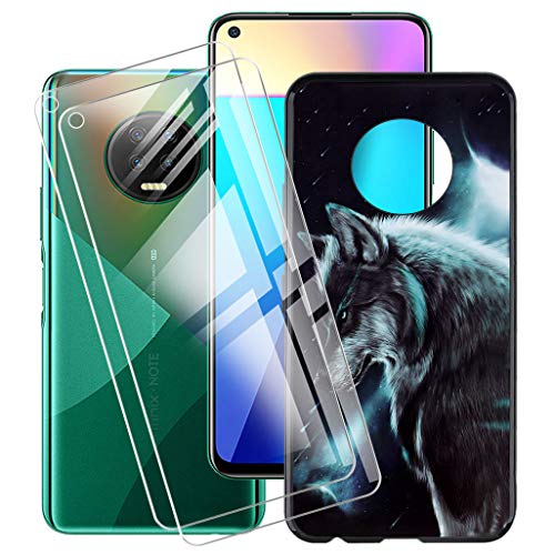 HHUAN Case Black + 2 Pack Tempered Glass Screen Protector for Infinix Note 7 (6.95"), Flexible TPU Shell Silicone Gel Protective Case Bumper Cover - Lone Wolf