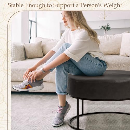 Image of Modern Round Coffee Table, Farmhouse Ottoman for Living Room, Large Vintage Faux Leather Coffee Tables with Leather Upholstered Padded Seat [Round, Vintage Black, 30'']