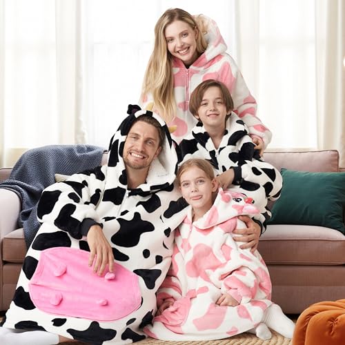 Image of Giggling Getup Wearable Blanket Hoodie for Girls and Boys Sherpa Fleece Hooded Blanket Sweatshirt Warm Cozy Sherpa Wearable Throw Oversized Hoodie with Giant Pocket & Sleeves for Kids Strawberry Cow