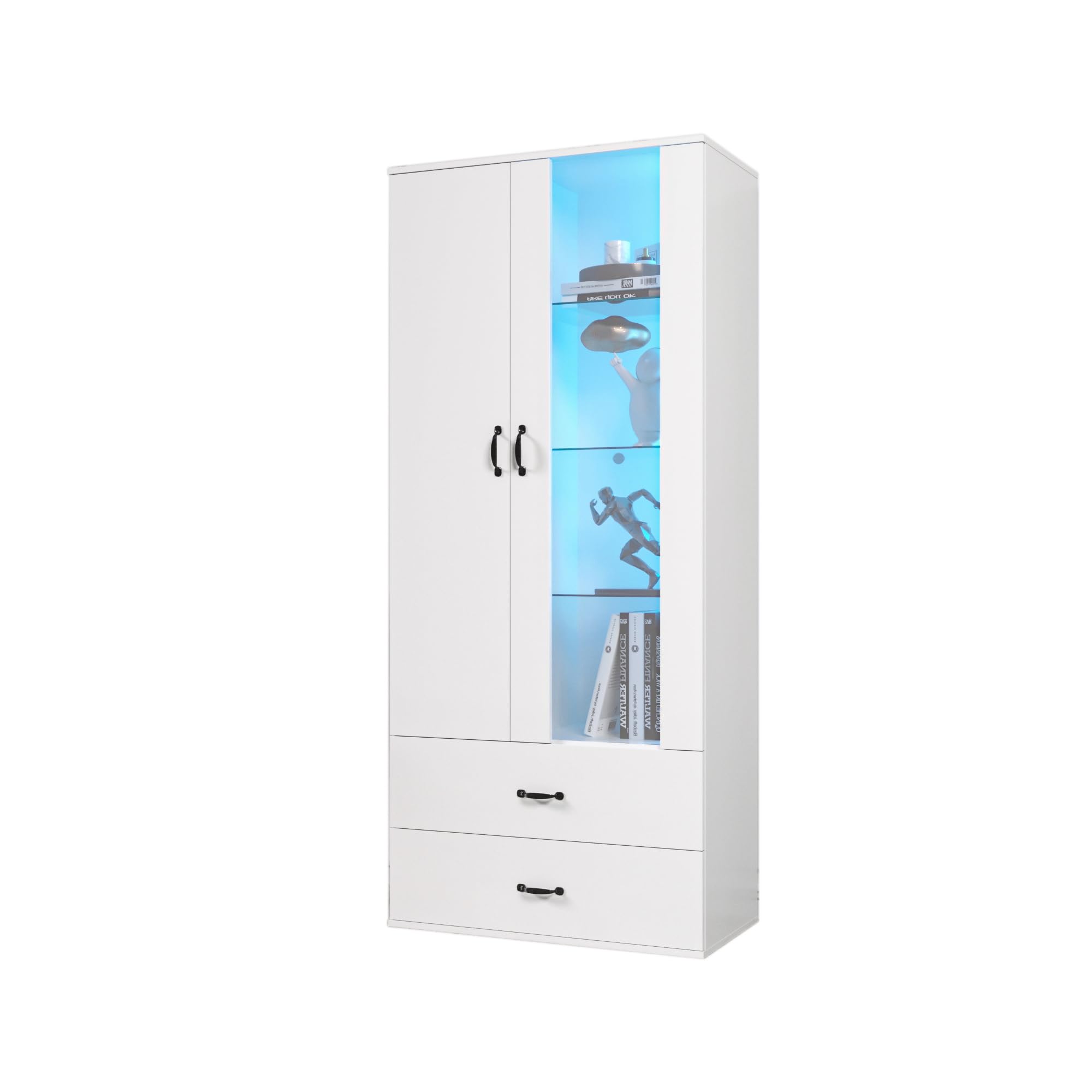 Vitrina iluminada por LED de 16 colores, 2 puertas, 2 cajones con puertas de cristal, vitrina de pie con LED blanca, para salón, pared de salón, vitrina LED, armario de buffet, estantería alta,