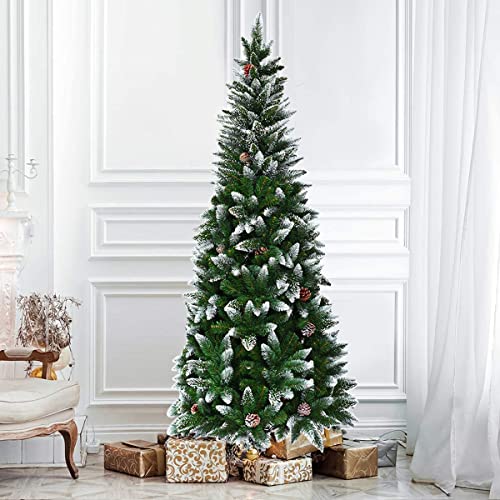 Generic Chefjoy Snow Flocked Pencil Christmas Tree, Snow Slim Christmas Tree With Pine Cones, Hinged Xmas Tree With Metal Stand Easy To Assemble For Home, Office, Shops, Hotels, Green+White #TOP6