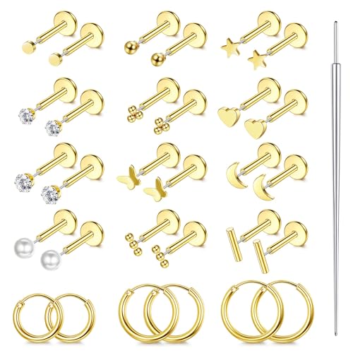 ORAZIO Small Flat Back Earrings,Push in Stud Earrings for Women Men,Hypoallergenic 14K Gold Plated Surgical Stainless Steel Threadless Earring,Flatback Stud Hoop Cartilage Earring Set for Multiple Piercing
