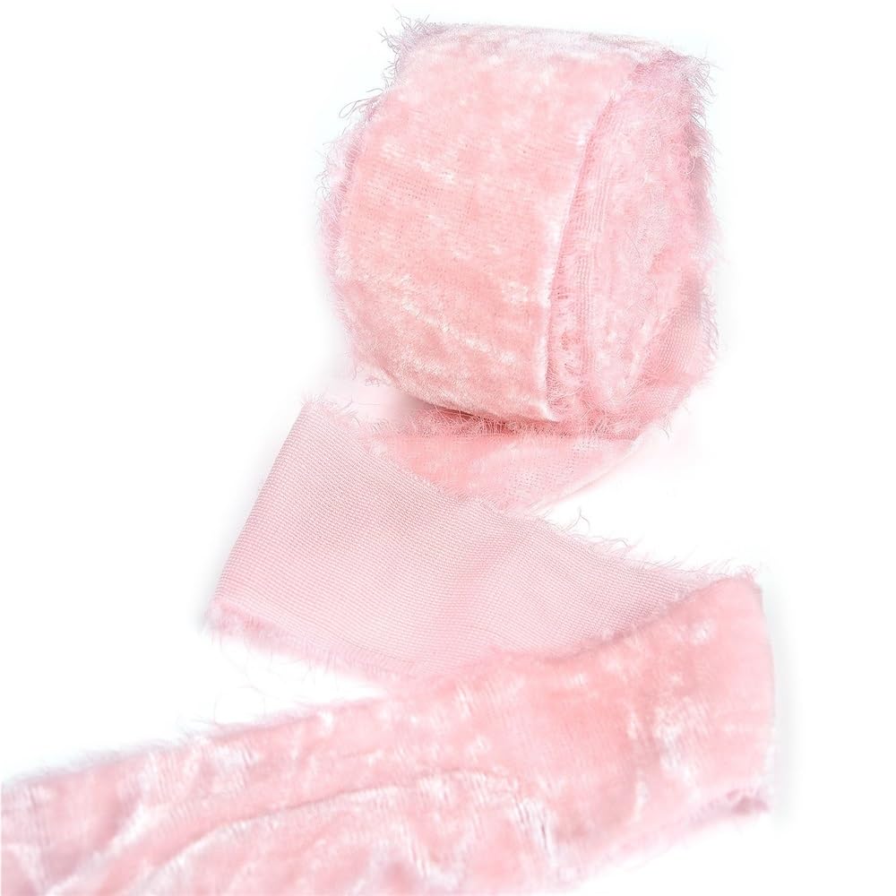 WEITINGKKK Ribbons for Gift Wrapping, Velvet Ribbon 40mm x 3 Yards Frayed Edge Fringe Ribbons Multicolor Wedding Wreaths(Peach Pink)