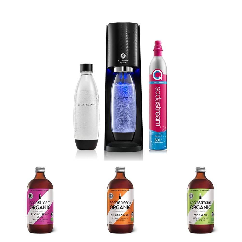 sodastreamE-Terra Sparkling Water Maker, Sparkling Water Machine & 1L Water Bottle, Retro Drinks Maker w. BPA-Free Water Bottle, Quick Connect Co2 Gas Bottle + 3 x Organic Flavours Drink Mixes