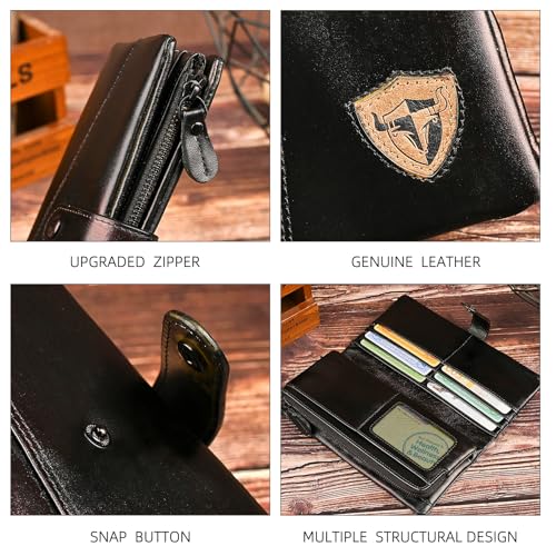 Image of Genuine Crazy Horse Leather Travel Gift Coin Pocket Card Case Long Organizer Chain Rfid Wallet Purse With Snap For Men Male 1803 1815 (1803 Brown 26a)
