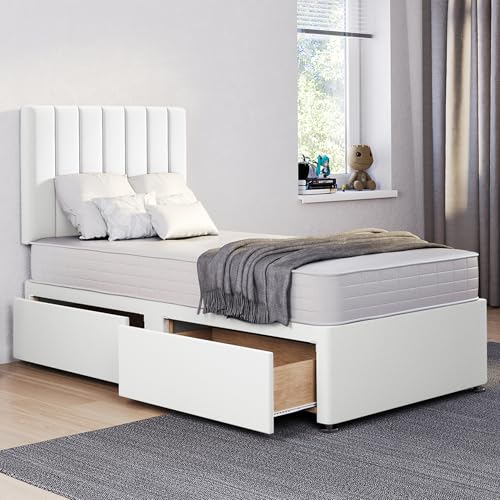 Image of ComfoRest 3FT Single Bed with Mattress and storage drawers (x2) – White divan base and 24 inch Stripe headboard – orthopaedic, medium-firm 3FT mattress, UK made