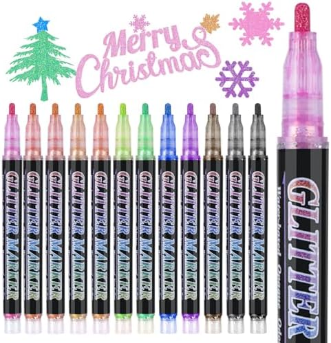 Glitter Marker Pens,12 Colors Self-Shimmer Metallic Markers,Glitter Paint Pens DIY Crafts Greeting Birthday Cards, Making Poster,Album,Scrapbooking,Wood,Mugs