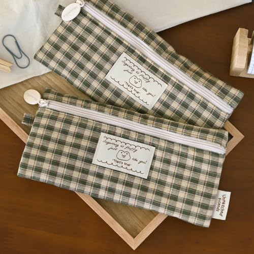 Image of Monolike Unmatched Friends Fabric Check Pencil Case Series. 2, Vintage green - Pencil Pouch, Portable Pencil Bag, Pencil Case, Office Pouch case, Cushion, Soft, Vintage