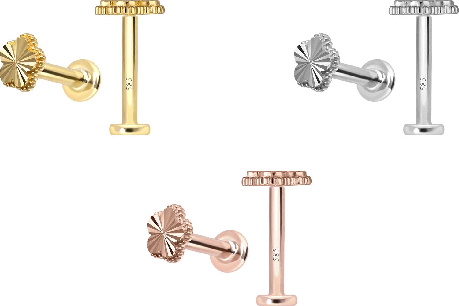 PIERCINGLINE Piercing Stecker 14 Gold Labret mit Push Fit BLUME 585er Gold - Roségoldfarben, Goldfarben, Silberfarben