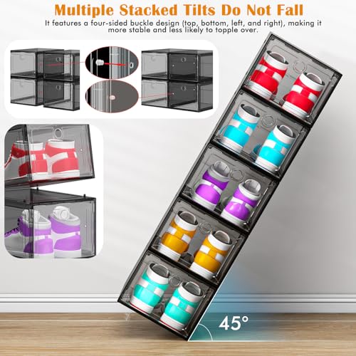Image of ARSTPEOE 6-Pack Black Shoe Storage Boxes Magnetic Stackable | Upgraded Harder Material, Stackable Space-saving, Fits Sneakers & Boots, Clear Magnetic Front Door