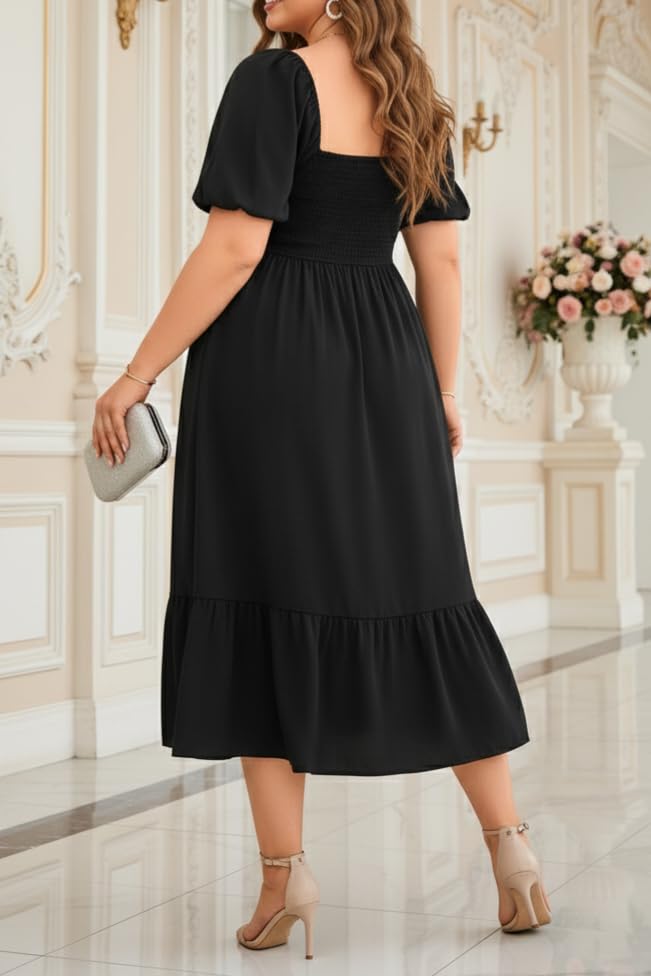 Image of Plus Size Summer Dresses - Boho Casual Wedding Guest Midi Flowy Short Sleeves Smocked Button Down Dress for Curvy Women