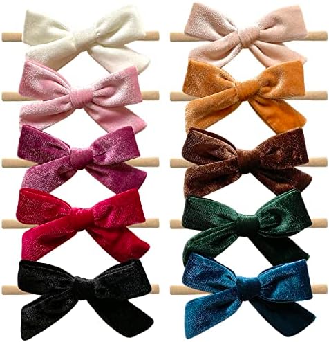 Fall Baby Girl 4" Velvet Hair Bows and Headbands, Soft Stretchy Nylon Hairbands Elastic Hair Accessories for Newborn, Infant, Toddlers - 10Pack