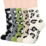 Durio Kuschelsocken Damen Stoppersocken Noppen anti-rutsch Socken Flauschig Wintersocken Weich 5 Paare Leopard