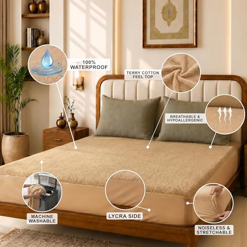 Image of Glassiano Cotton Feel Terry Ultra Soft Waterproof Mattress Protector | Breathable - Hypoallergenic Mattresses Cover with Elastic Strap for King Bed (72x84 inch|6x7 feet, Beige - Pack of 1)