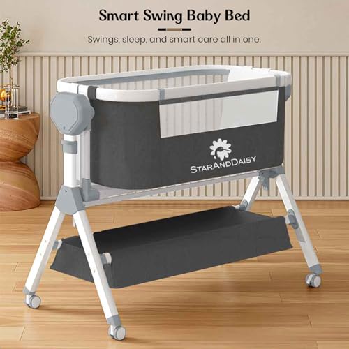 Image of StarAndDaisy Electric Swing Crib /Cradle for Baby with Mosquito Net, Baby Bed Side Bassinet with 5 Level Height Adjustable & Lockable Wheels � Black