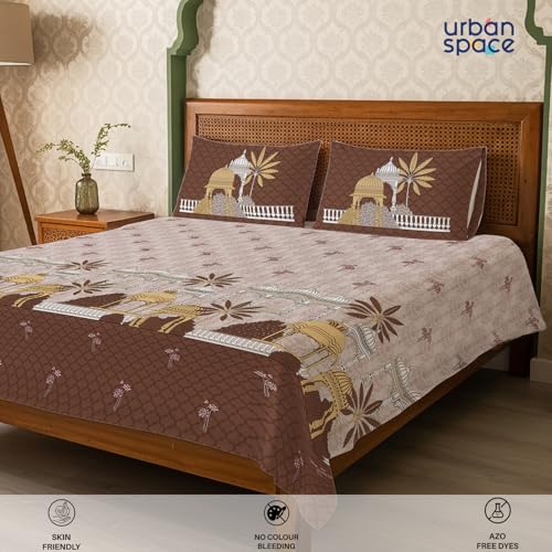 Image of Urban Space Regal 300 TC 100% Cotton Bedsheet for Double Bed, Panel Design Bedsheet, Printed Queen Size Bed Sheet with 2 Pillow Covers (90 x 108 Inches, Aangan Brown)