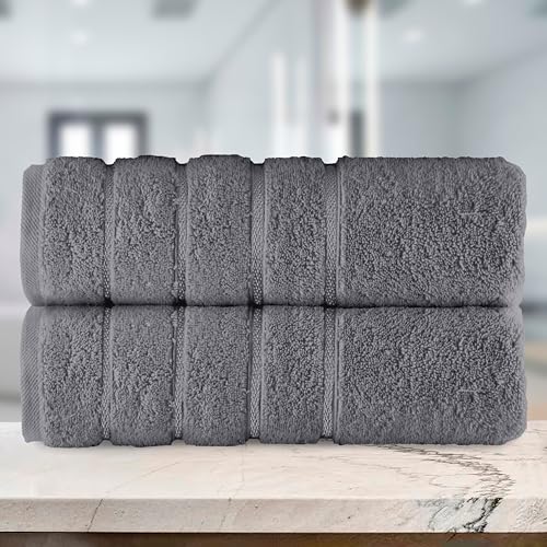 Image of Elegant Comfort 100% Turkish Cotton 4 Lines Viscose Stripe Luxury 2 Pack Bath Towel Set 27 x 54 Inch - Super Soft and Highly Absorbent Premium Hotel Spa Quality Towels for Bathroom Use, Gray