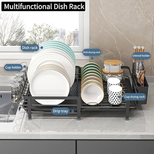 Dish Drying Rack, Dish Racks for Kitchen Counter, Over The Sink Dish Drying Rack, Expandable Dish Drainers with Drain Board Cup Holder and Utensil Holder, Kitchen Organizers and Storage