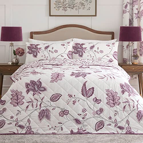 Dreams & Drapes - Couvre-lit Floral Violet (200 x 230 cm) - Damassé Prune - Couette Blanche et Violette - Couverture Rembourrée Florale - Traditionnel/Vintage