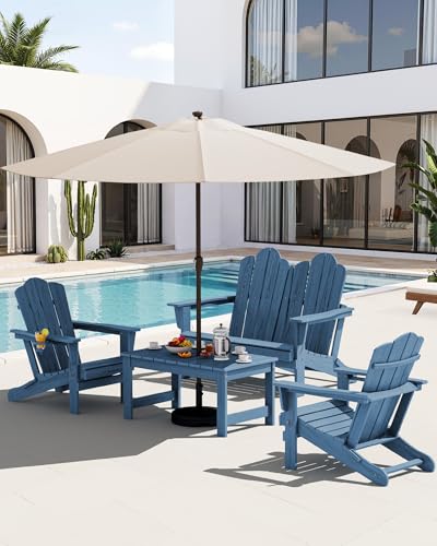 Image of SERWALL 5-Pc HDPE Adirondack Set, 2 Chairs, 2 Benches&1 Coffee Table, Navy