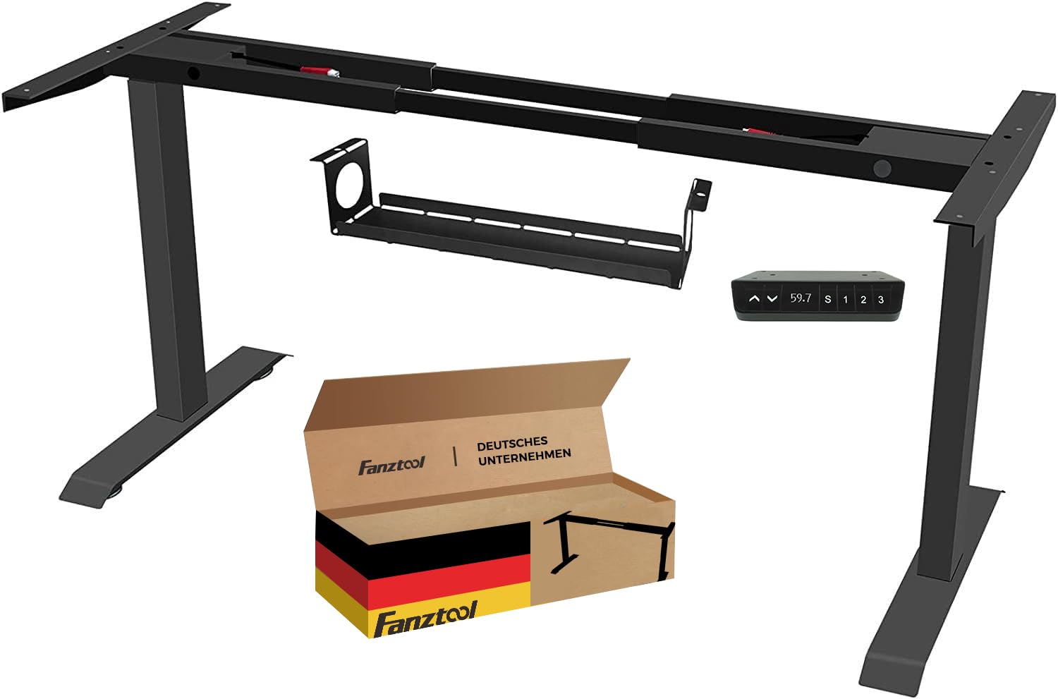 FANZWORK Schreibtisch-Gestell mit 2 Bosch-Motoren – elektrisch höhenverstellbar, Memory-Funktion, USB-C, Kabelwanne, Schwarz