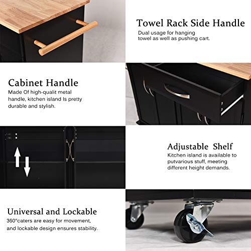 Kitchen Island on Wheels Kitchen Cart Trolley with Storage, Drawers, Cabinet, Towel Rack and Rubber Wood Top Kitchen Cart with Lockable Wheels for Home Hotel Kitchen Dinning Room, Black