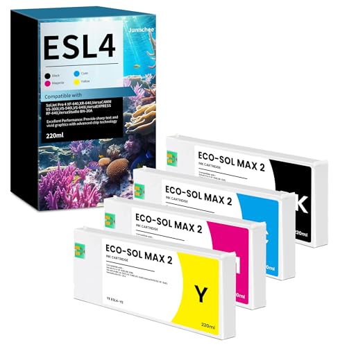 Junnchee ESL4 Ink 220ml Compatible for Roland Eco-Sol MAX2 MAX 2 Ink ESL4-BK ESL4-CY ESL4-MG ESL4-YE Cartridge for RF-640 VS-300i VS-540i VS-640i XF-640 XR-640 Printer (Black Cyan Magenta Yellow)