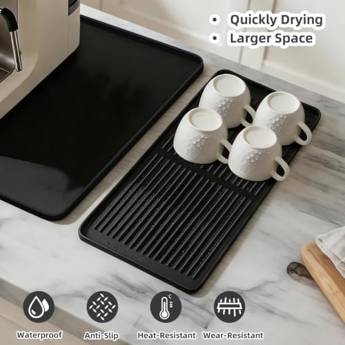 Image of Coffee Mat with Detachable Dish Drying Mat，24'' x 16'' Large Silicone Coffee Bar Station Mat for Countertop, Stays in Place, Waterproof and Heat Resistant Machine Accessories Mat with Raised Edges