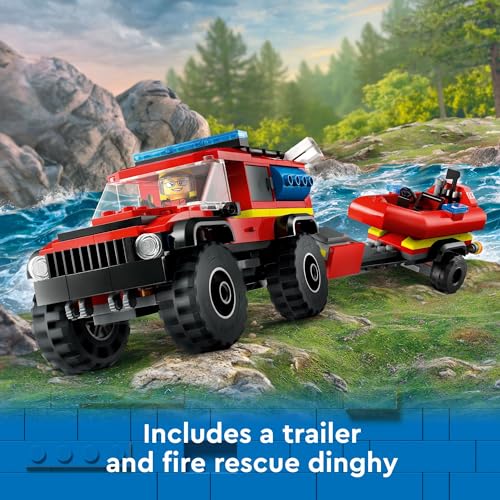 LEGO City 4x4 Fire Truck & Rescue Boat Toy for Kids 5+, Includes Truck, Trailer, Dinghy, Tent, Camper & 2 Firefighter Minifigures
