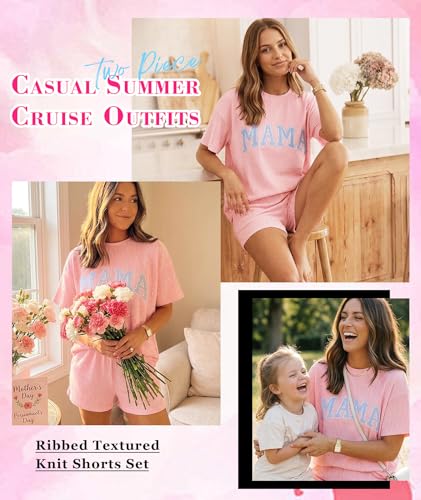 Image of MARZXIN Women 2 Piece Shorts Set 2026 Casual Summer Cruise Outfits Ribbed Loose Short Sleeve Pocket Matching Lounge Sets